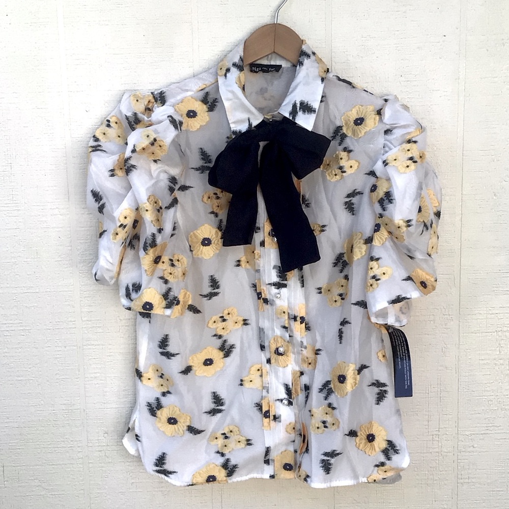 Sister Jane White yellow Floral Blouse with Black Bow pearl buttons puff sleeves